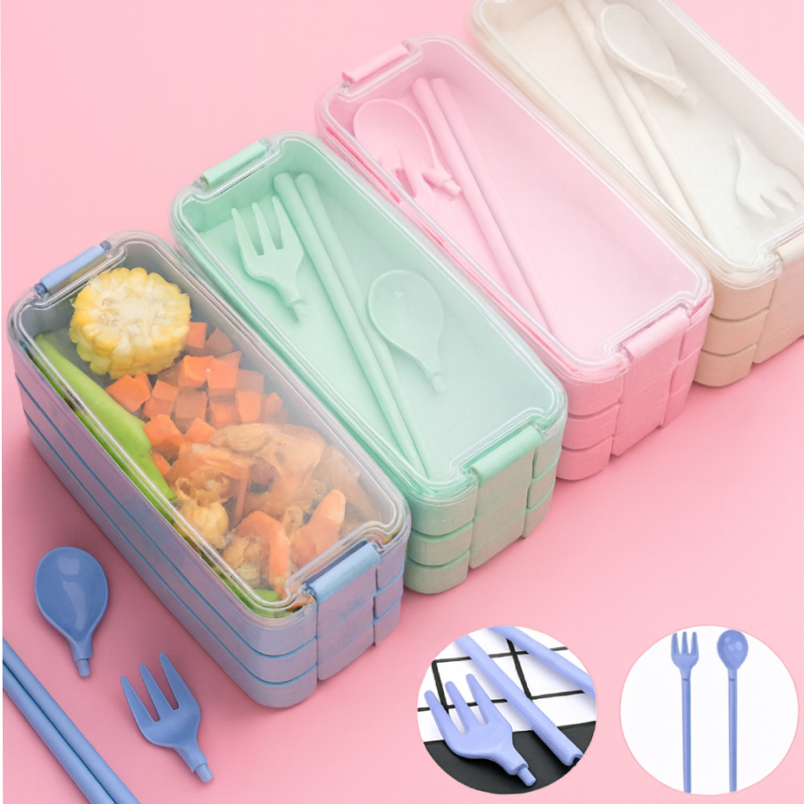 3-Layer Wheat Lunch Box with Cutlery-img